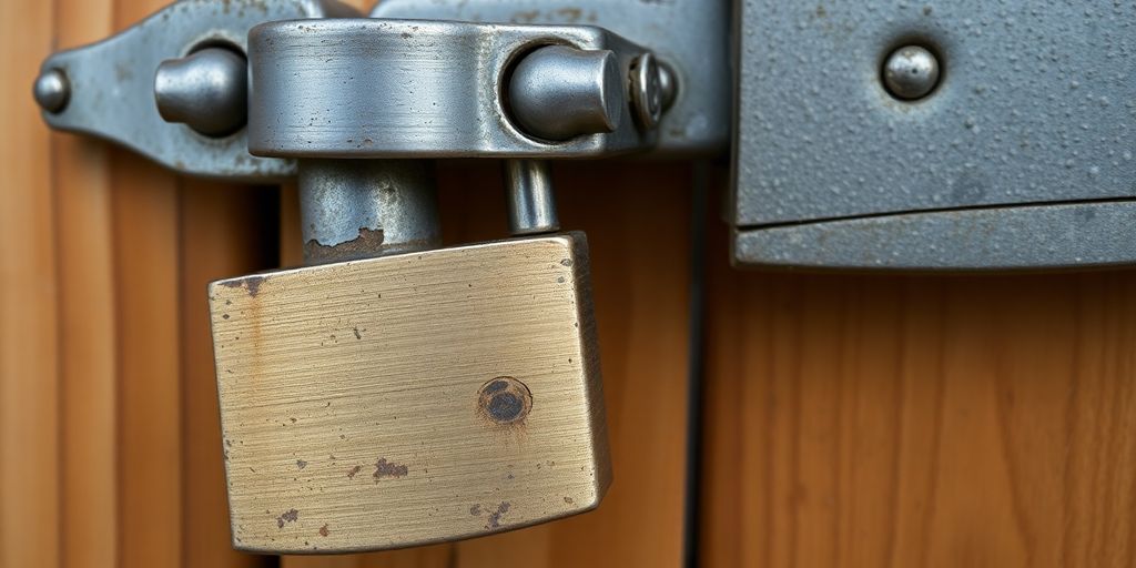 Close up of a sturdy, weathered padlock securing a shed door.