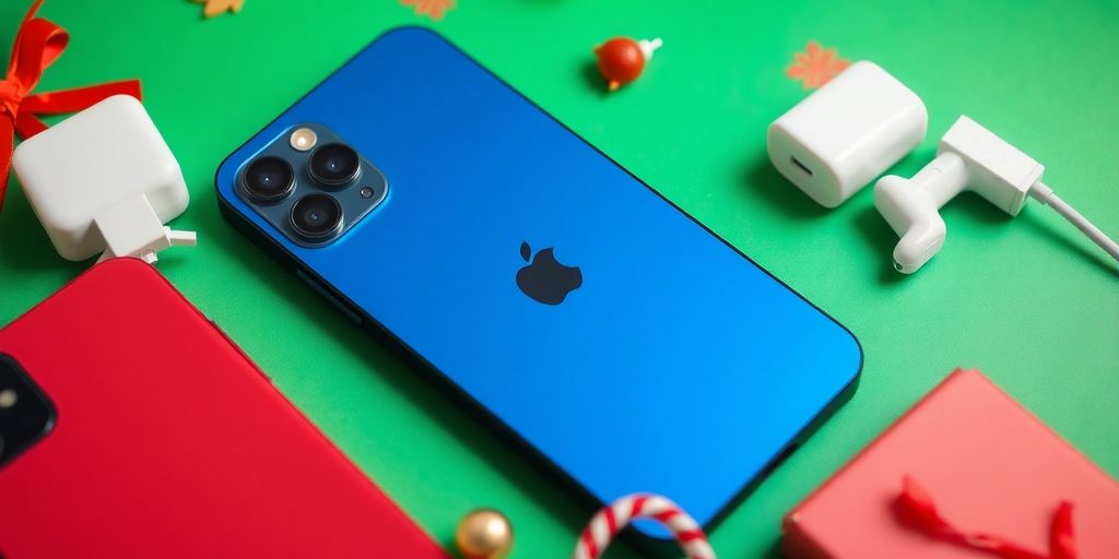 Close-up of iPhone 15 Pro Max with holiday accessories.