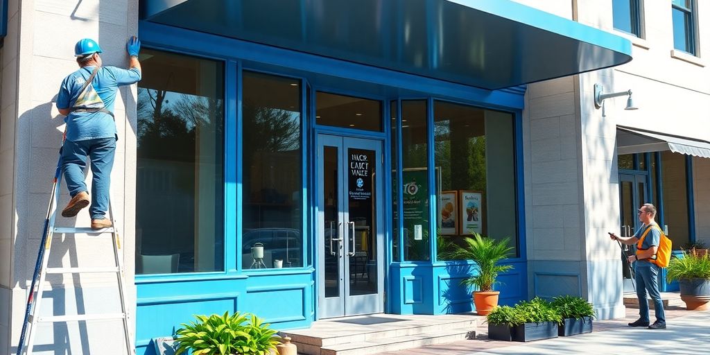 Worker painting storefront trim outside and pressure-washing a stone entryway