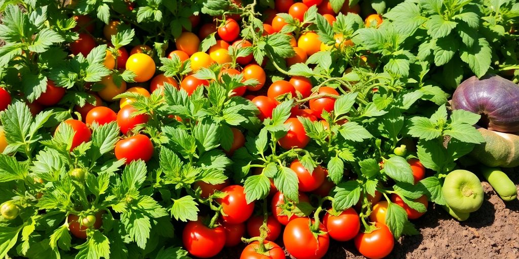 Abundant garden bed filled with ripe, colorful vegetables.