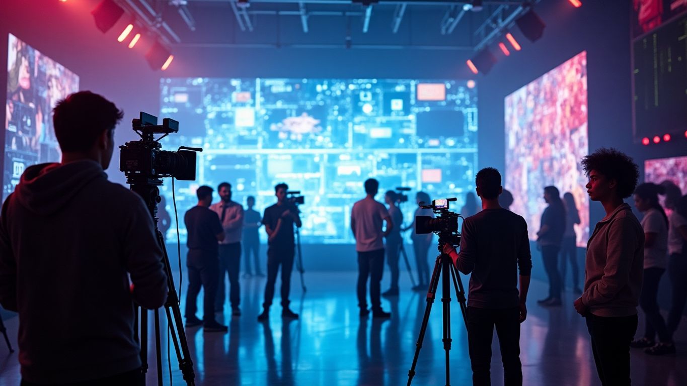 Filmmakers using AI technology in a vibrant studio.