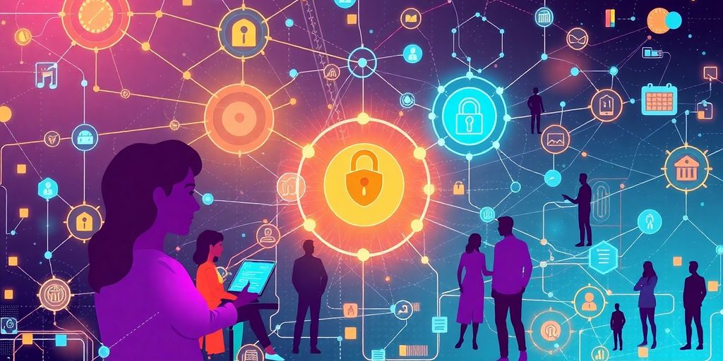 Futuristic illustration of decentralized insurance concepts.