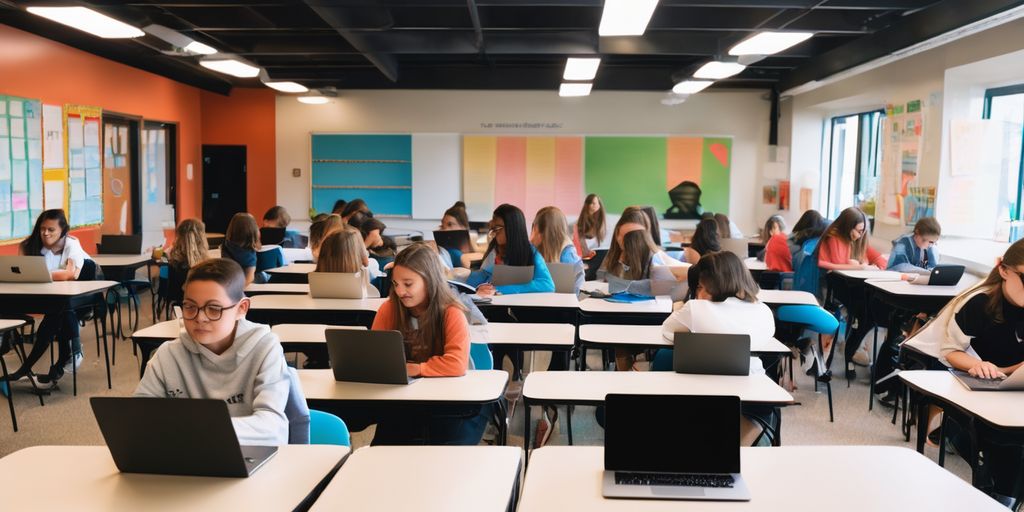 students using Canva on laptops in a classroom setting
