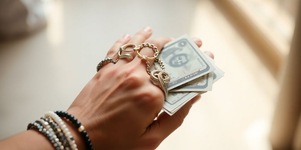 Bijoux et monnaie dans une main