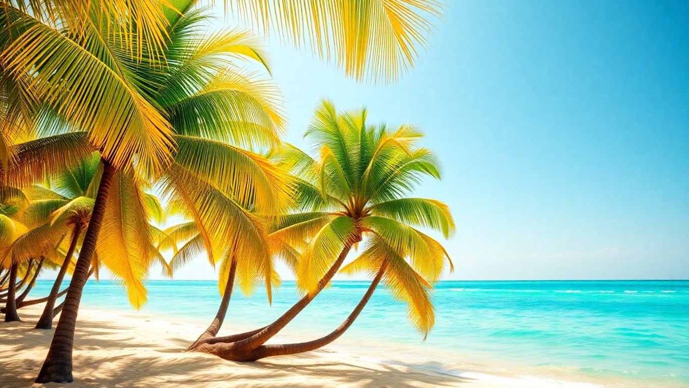 Tropical beach with vibrant palm trees under a clear sky.