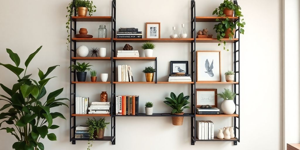 Stylish vertical hanging rack with home decor items.