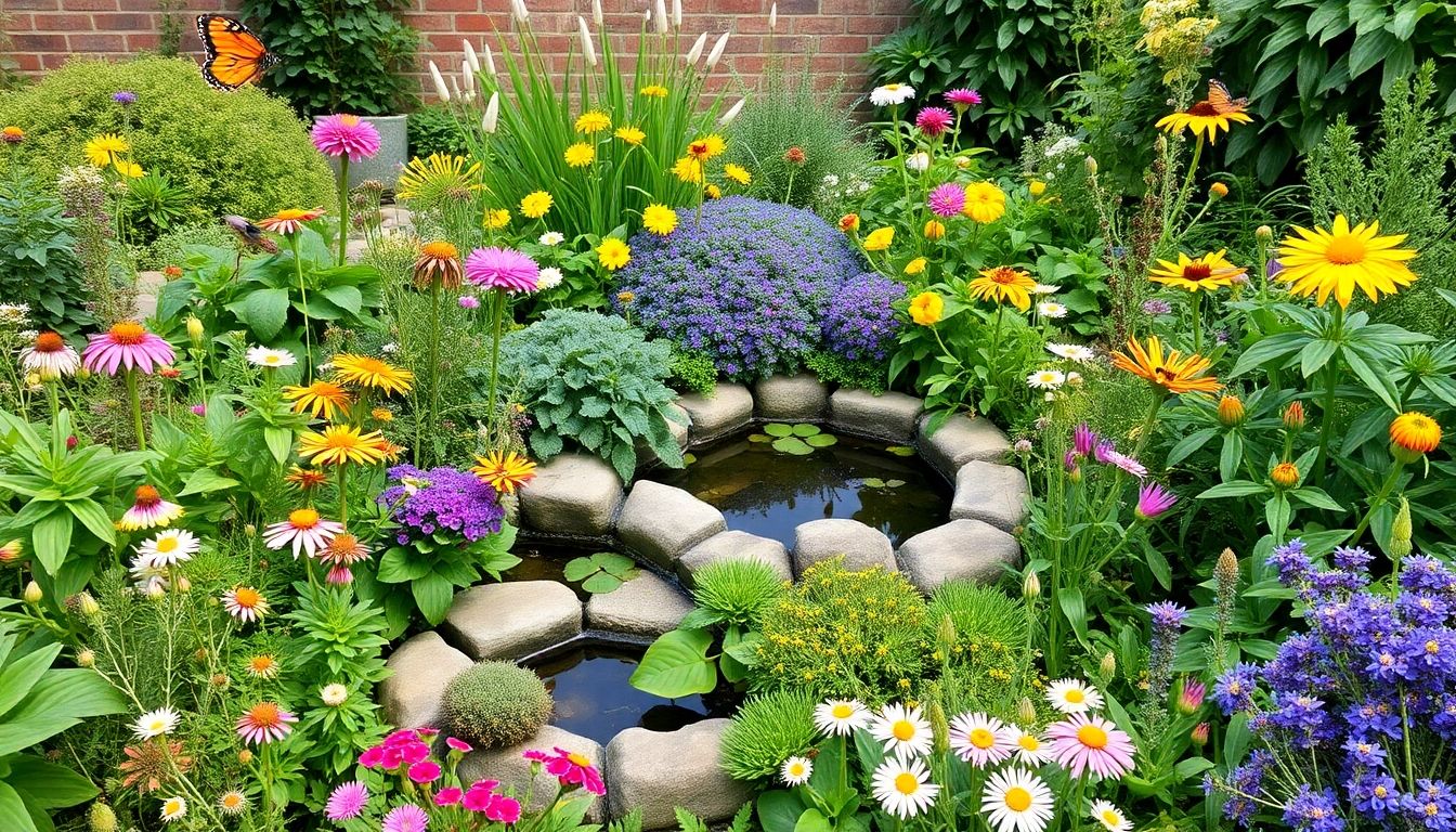 A colourful sustainable garden with diverse plants and wildlife.
