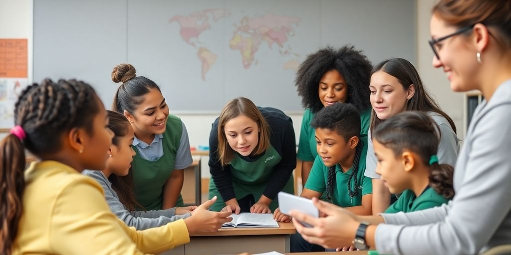 Schulbegleiter und Lehrkräfte arbeiten gemeinsam im Klassenzimmer.