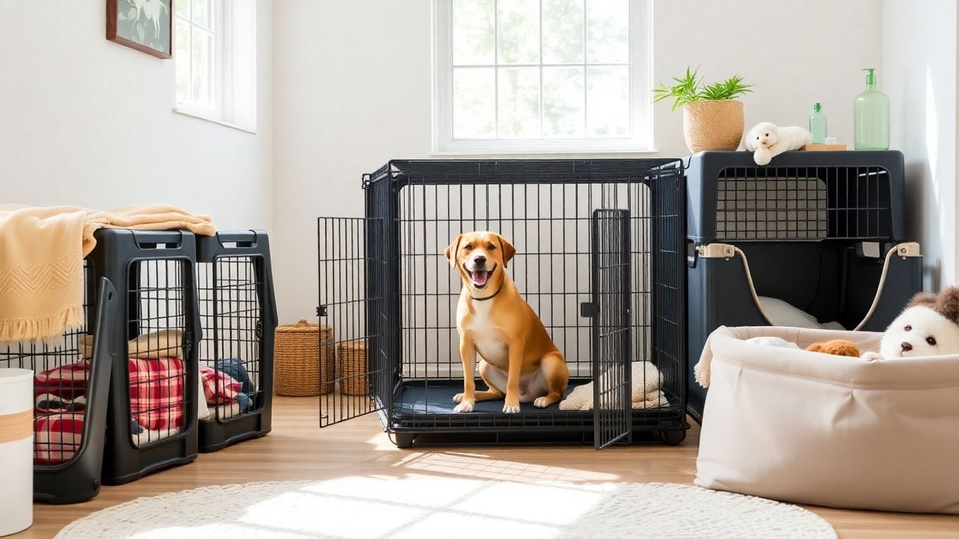 Dog sitting inside wire crate with other crates nearby