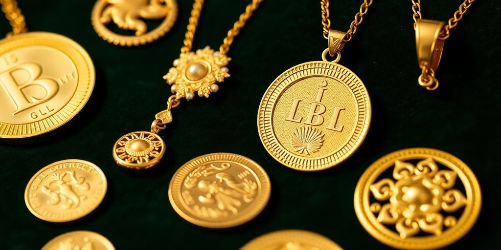 Pièces en or et bijoux sur fond en velours.