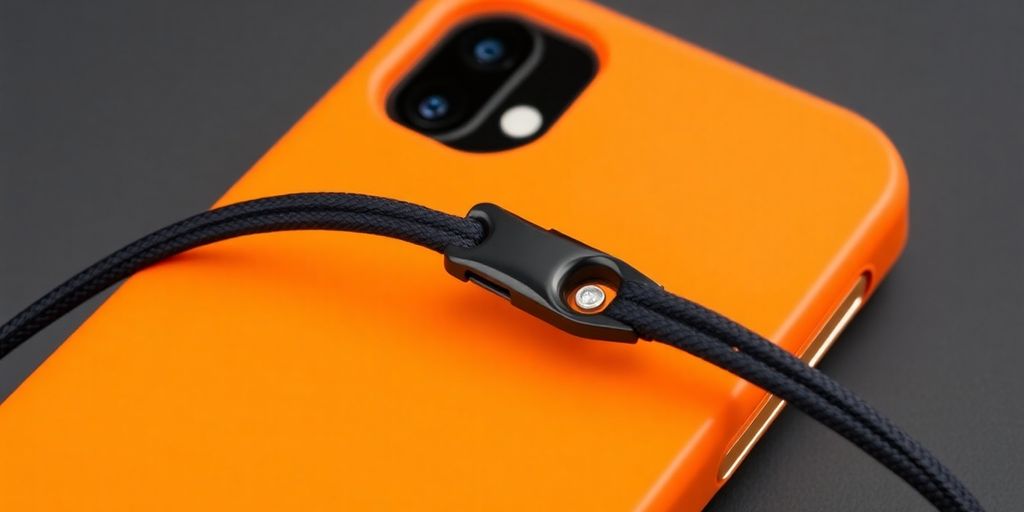 iPhone 16 case with lanyard hanging.