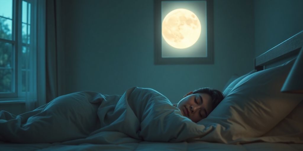 Person sleeping peacefully in a dimly lit, comfortable bedroom.