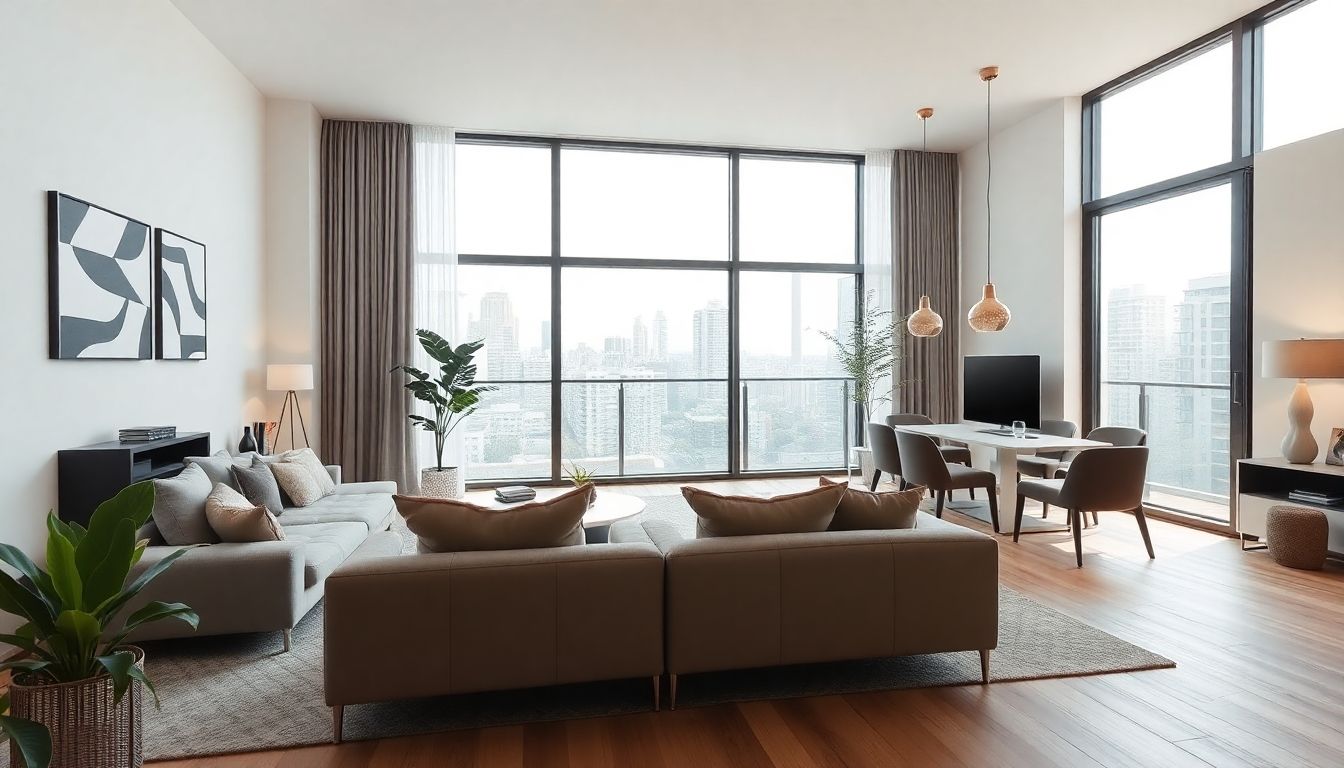 Modern flat interior with stylish furniture and large windows.