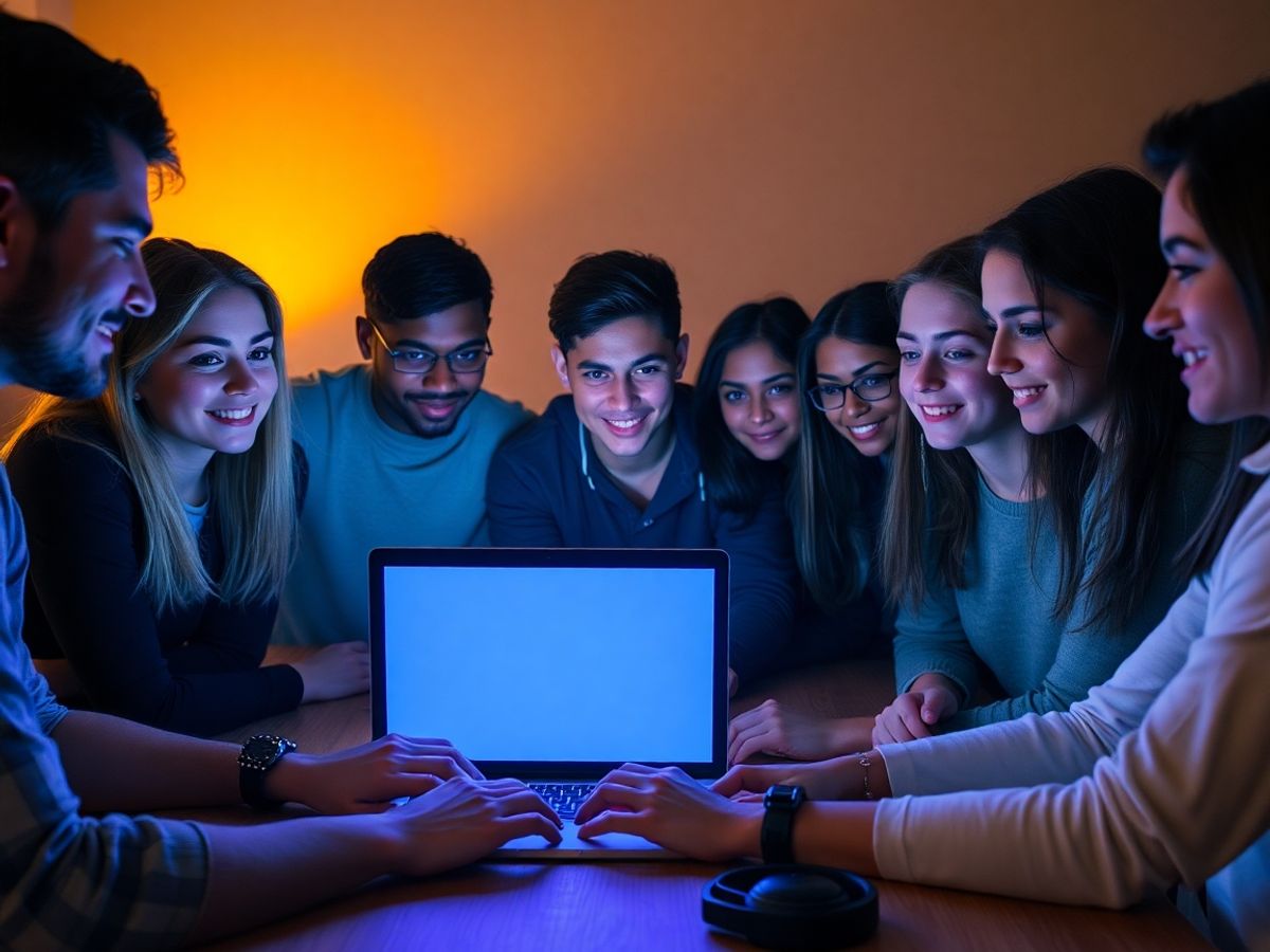 Tineri concentrati la laptop, lumina albastra, colaborare virtuala protejata sigura