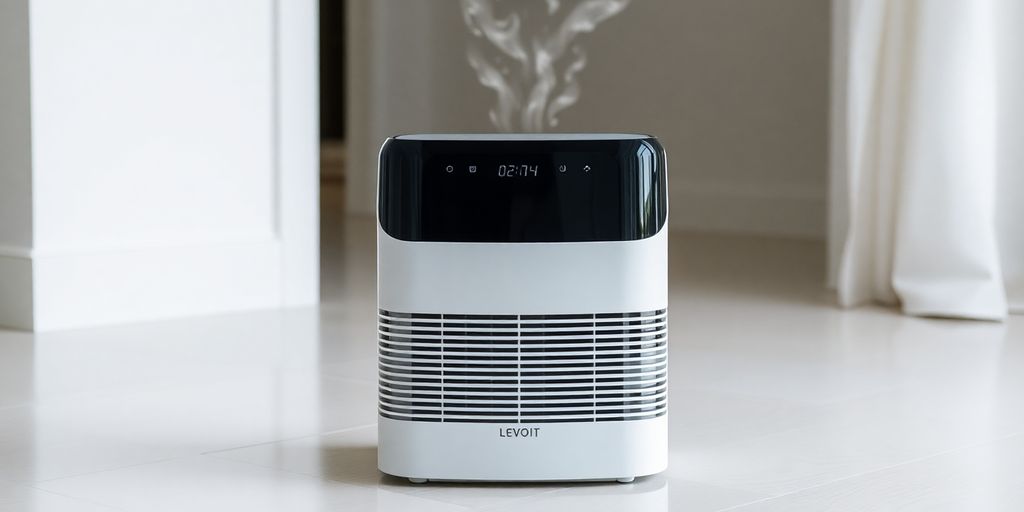 Levoit air purifier with visible clean air flow.
