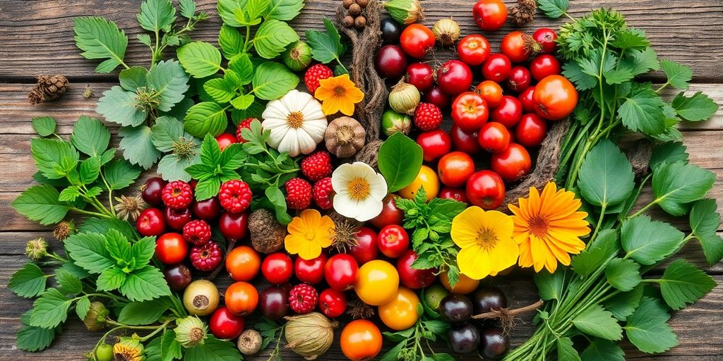 Colorful edible plants on a wooden surface.