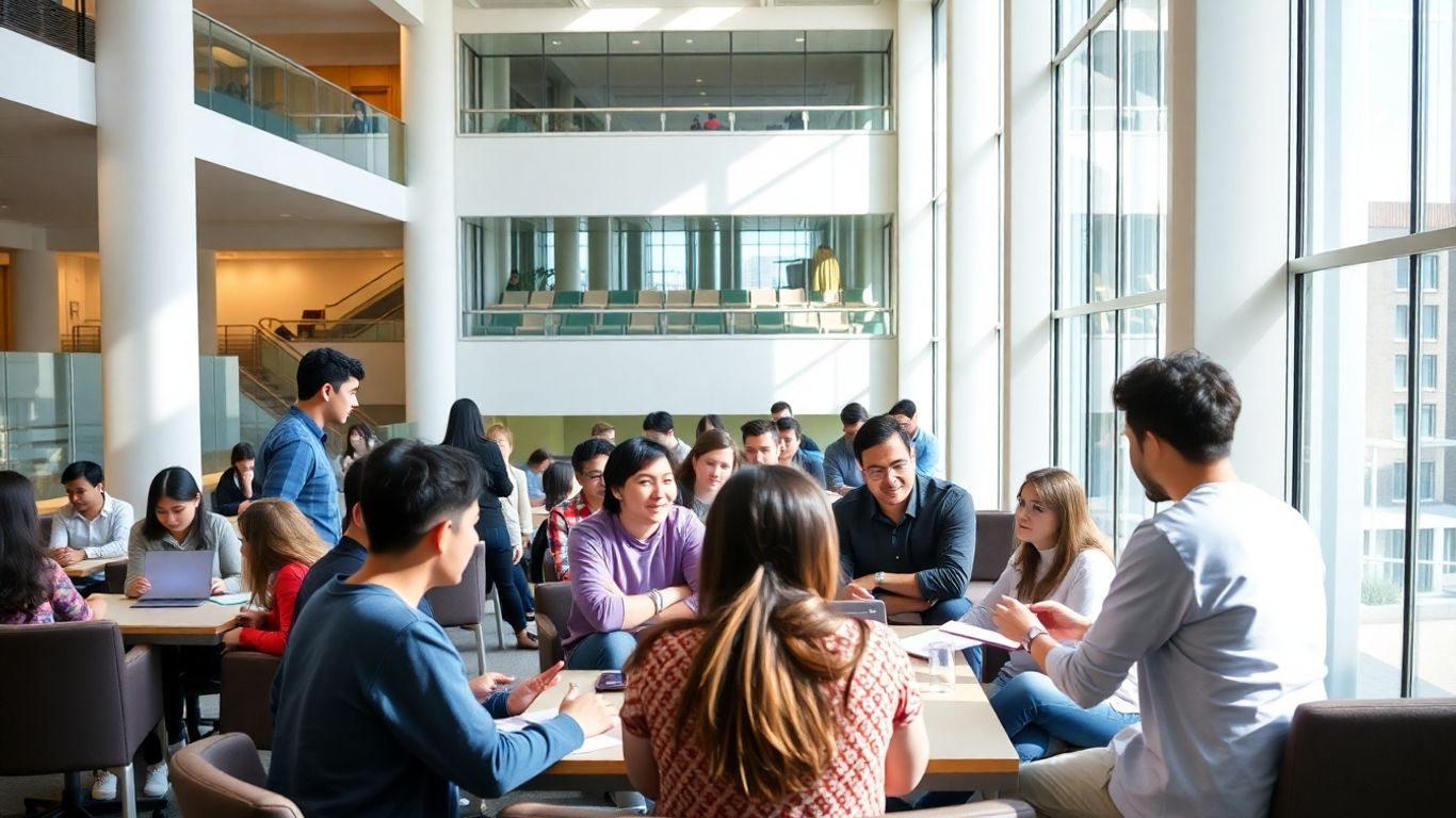 Étudiants discutant dans un bâtiment académique moderne.