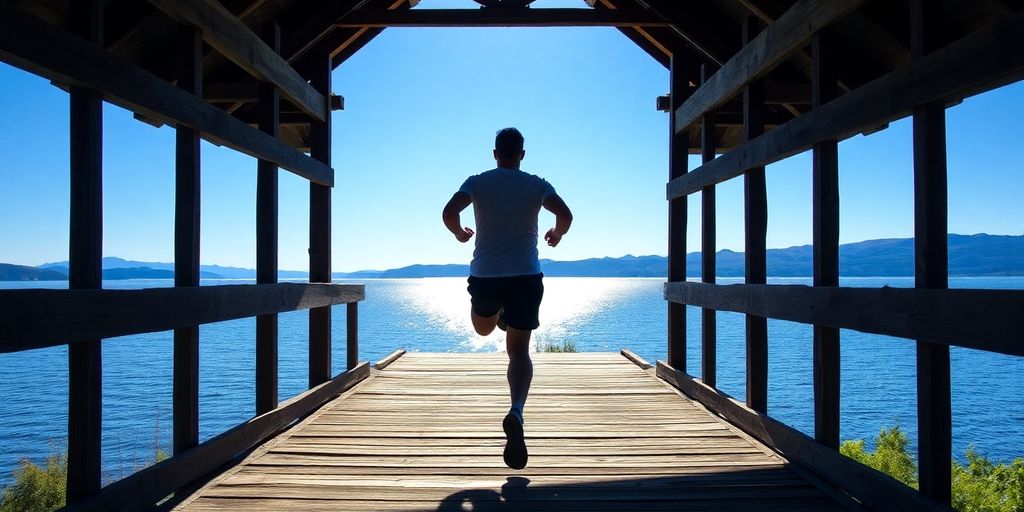 Runner crosses Charlotte Covered Bridge with Lake Champlain beyond.