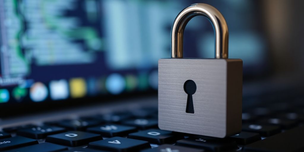 Digital lock on a keyboard emphasizing online security.