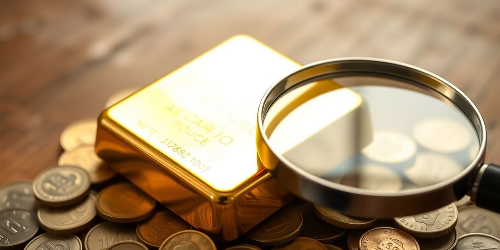 Barre d'or et pièces avec une loupe.
