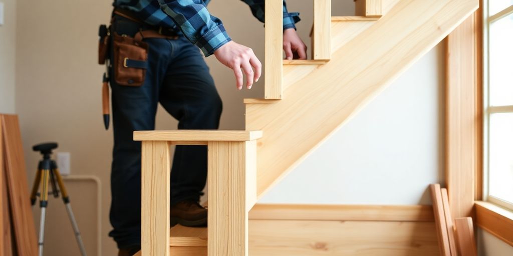 Carpenter building wooden stairs with tools and materials.