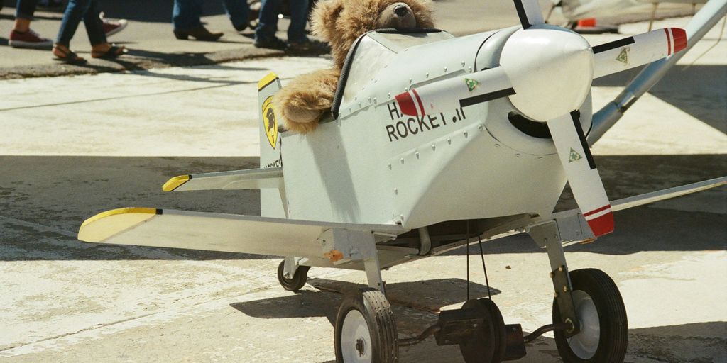 a teddy bear is sitting in a small airplane