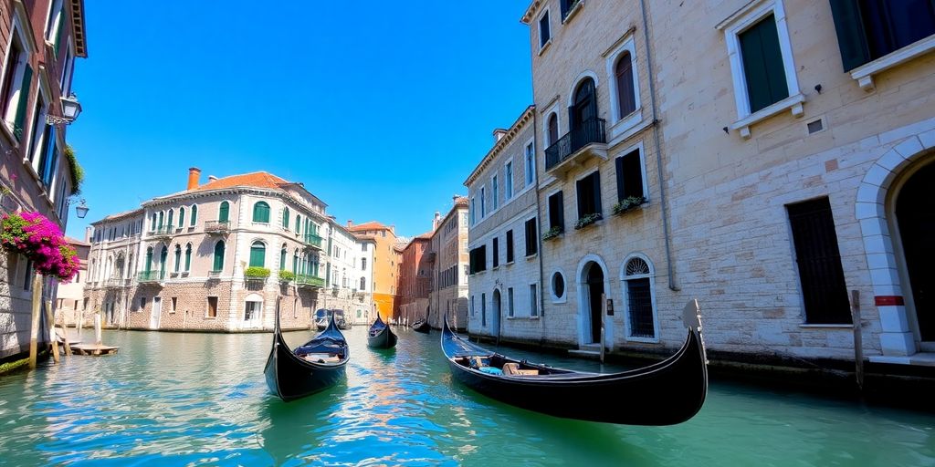 Venice canals, gondolas, historic buildings, clear water.