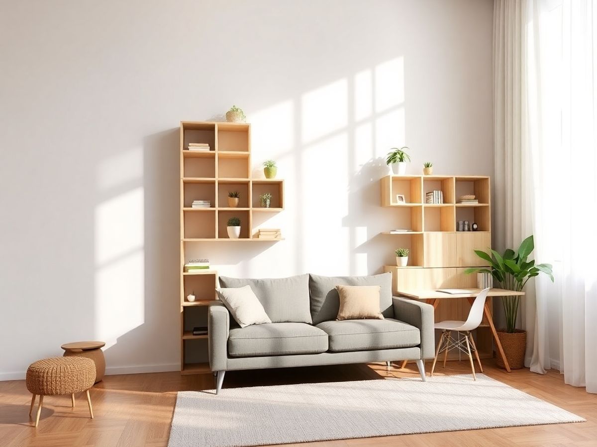 Colț de living cu mobilier modular, etajere și canapea luminoasă