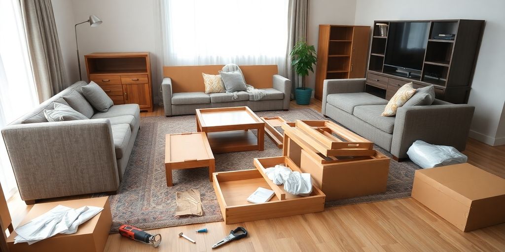 Disassembled furniture pieces ready for moving in a room.