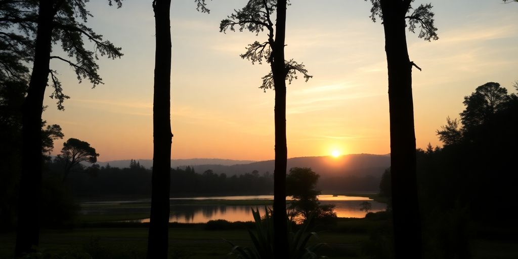 Silhouettes of trees at sunrise over a calm lake.