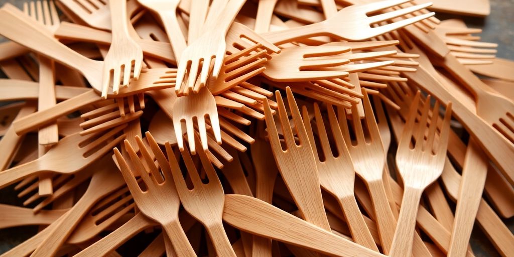 Compostable forks and knives piled high.