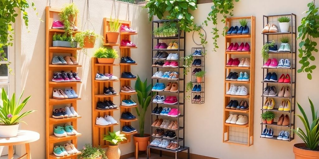 Creative vertical shoe storage in an outdoor setting.