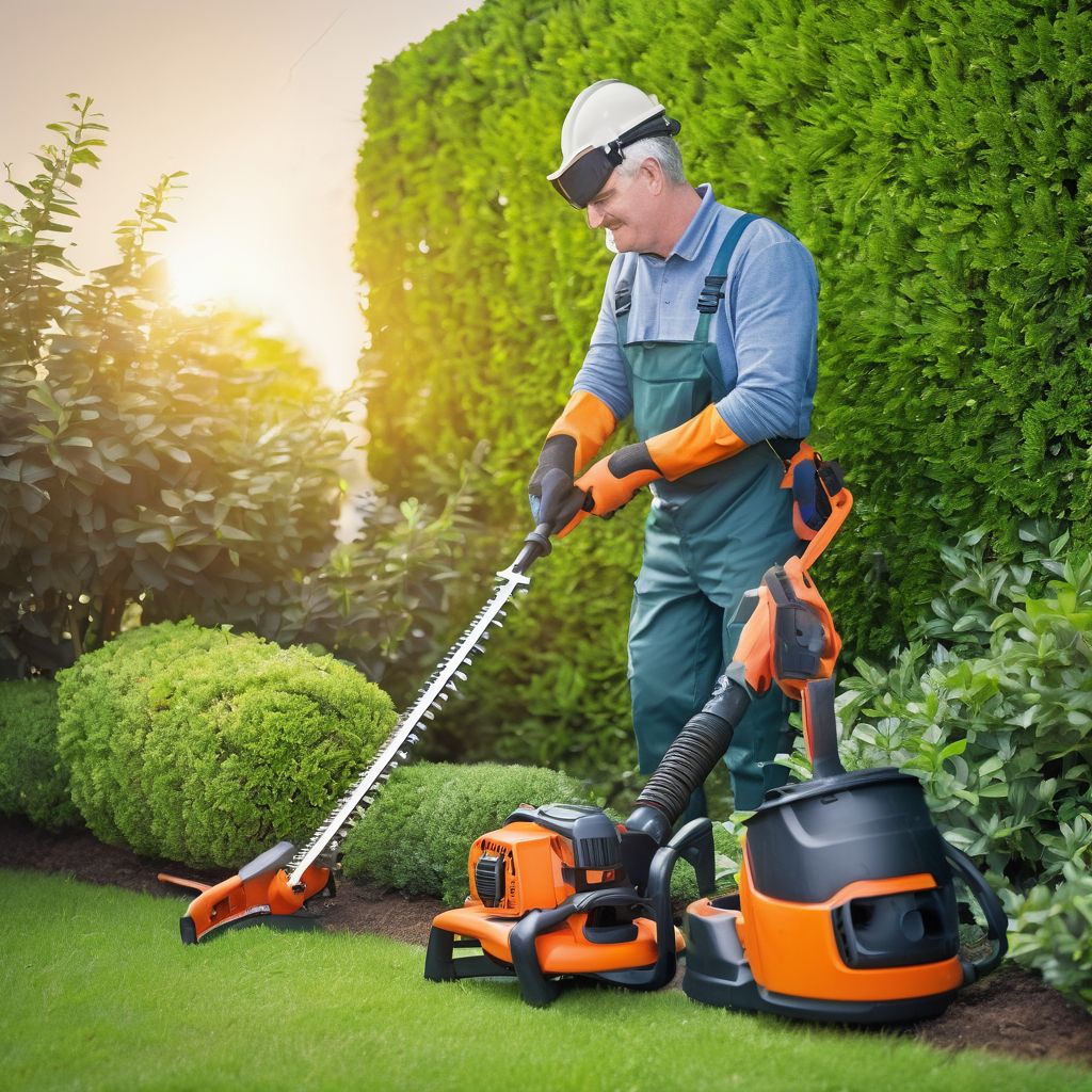 gardener using hedge trimmer with safety gear in a garden