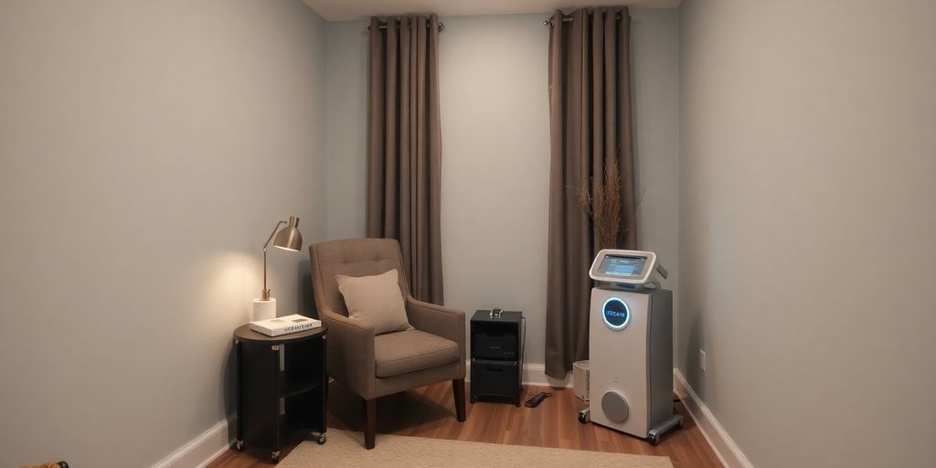Therapy room with microcurrent neurofeedback equipment.
