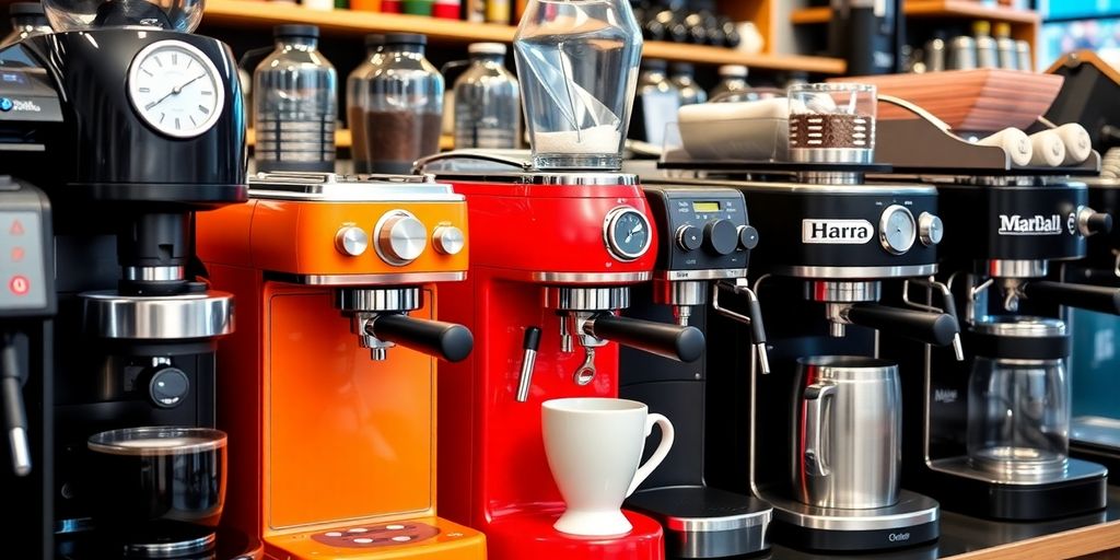Verschiedene Kaffeemaschinen in einem Geschäft aufgereiht.