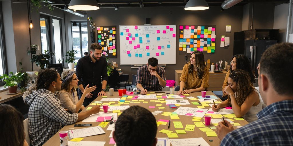 Fargerike notater og skisser i samarbeidende arbeidsmiljø.