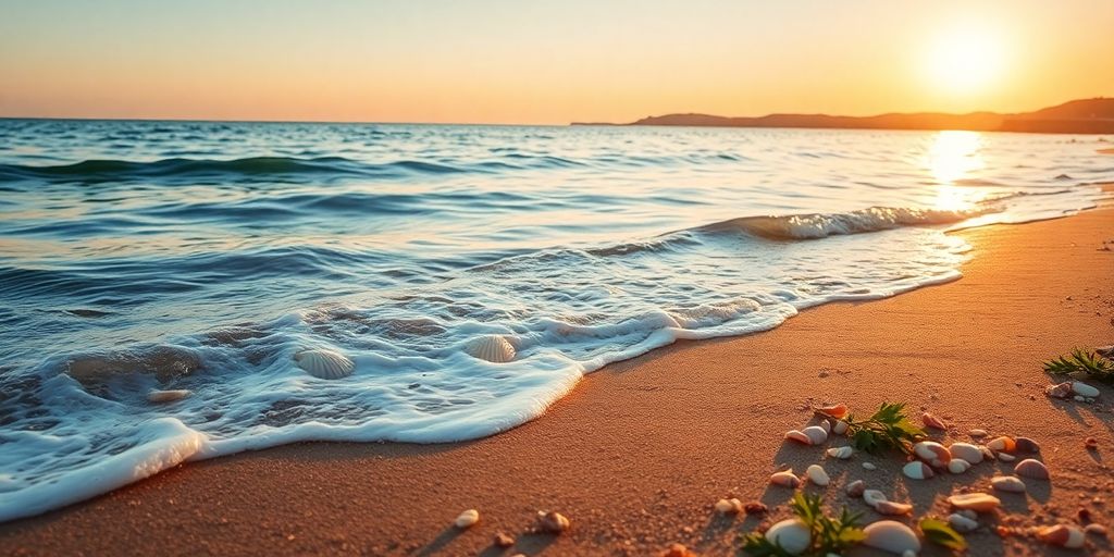 Coastal scene with waves, sand, and sunset glow.