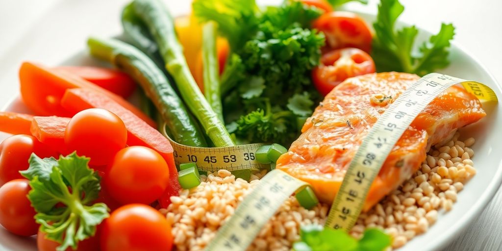 Colorful plate of healthy food, measuring tape.