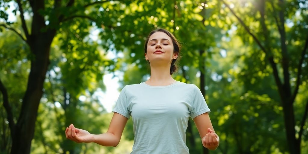 Calm person meditating outdoors.