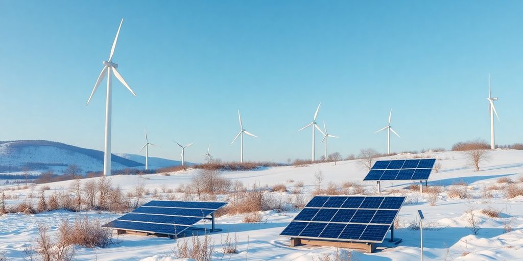 Énergie renouvelable en hiver avec éoliennes et panneaux solaires.