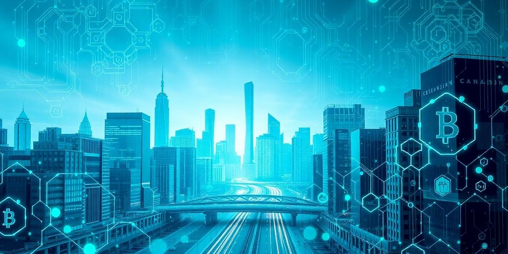 Futuristic cityscape with digital blockchain and AI elements.