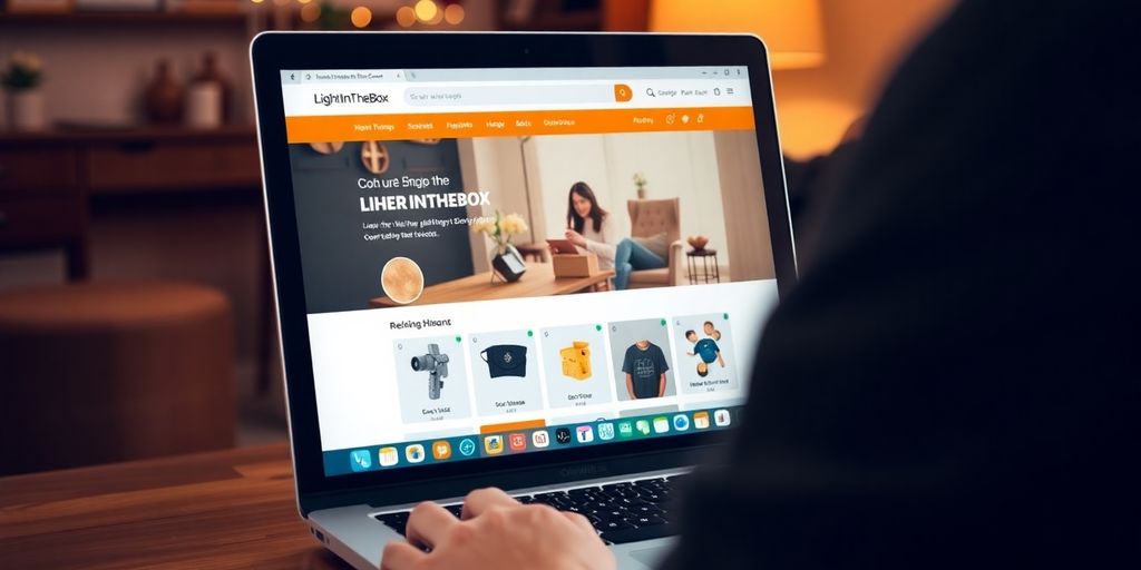 User shopping on LightInTheBox website with laptop.