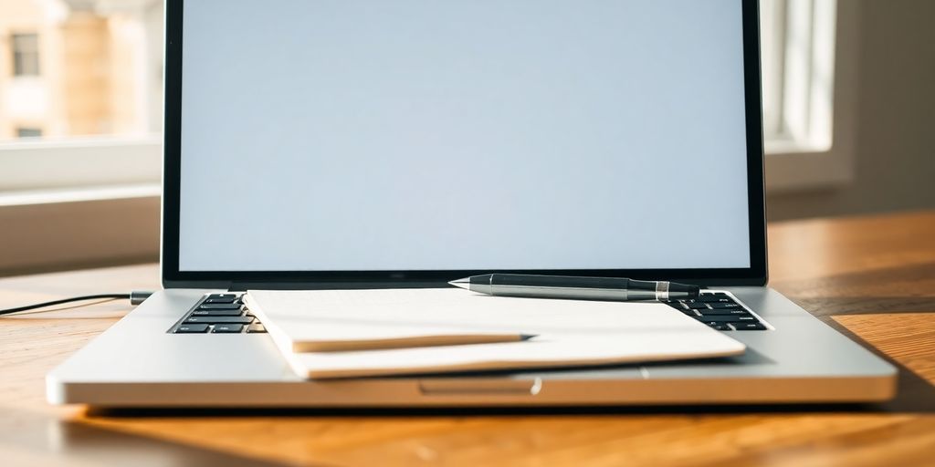Laptop and notepad on a wooden desk.