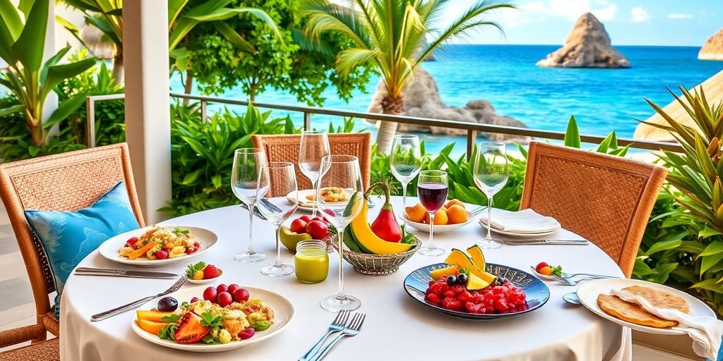 Gourmet dining setup with tropical dishes and ocean views.