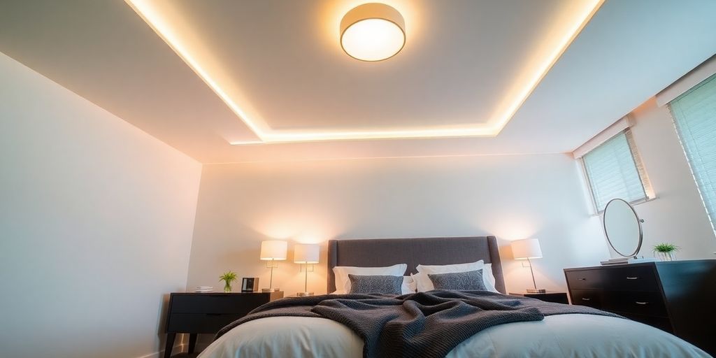 Modern bedroom with stylish ceiling lights and decor.