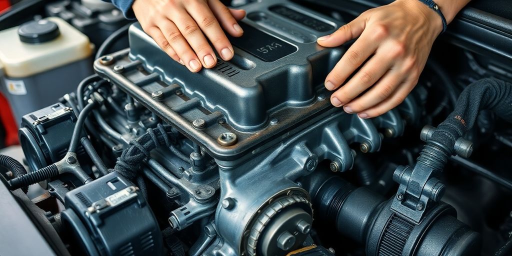 Mechanic inspecting a salvaged car engine.