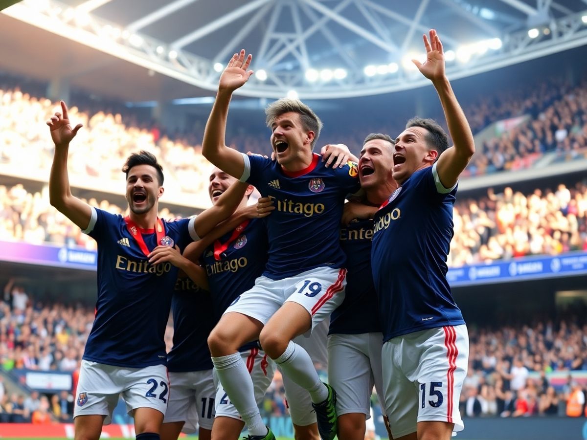 Fotografie cu jucători de fotbal sărbătorind un gol.