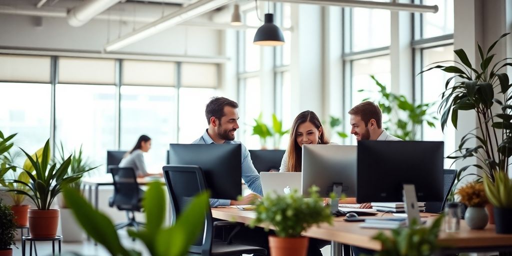 Moderne Büroumgebung mit Teamarbeit und natürlichem Licht.