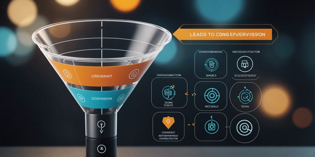 Marketing funnel illustrating lead flow from awareness to conversion with automation tool icons at each stage.