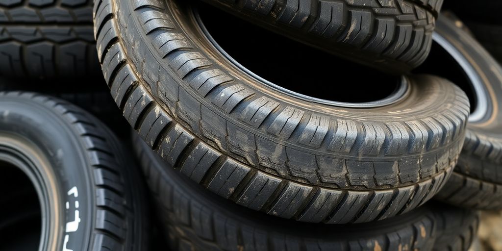 Pile of used Honda tires ready for sale.